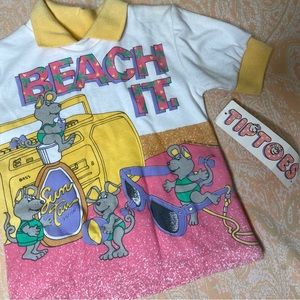 Vintage 1990 Kids collared shirt Mice beach scene boombox sunglasses